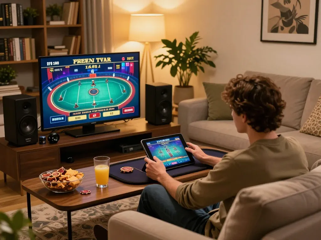 Player engaging with a live dealer game on a tablet at EE88, showcasing a vibrant home gaming setup.