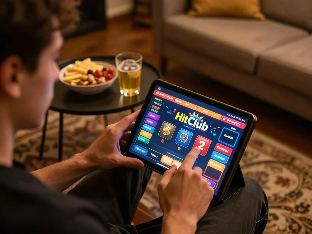 Hitclub player strategizing during online casino session on tablet amidst cozy home setting.