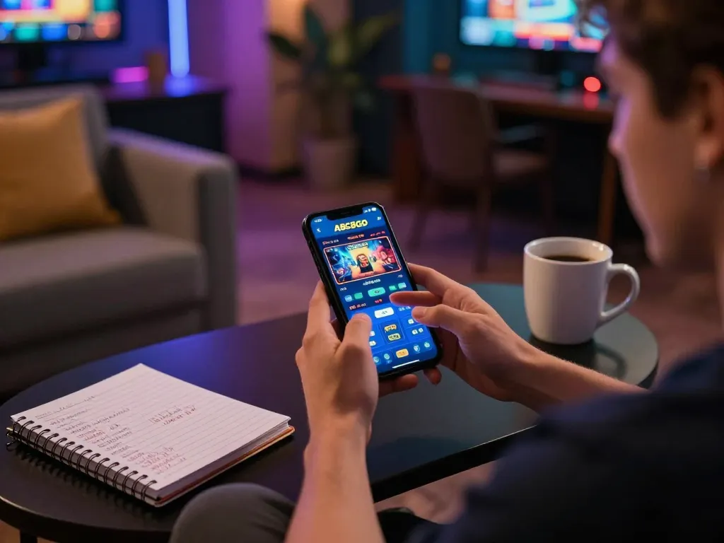 Player engaging with the abc8go app for online casino gaming, emphasizing excitement and strategy in a cozy setting.