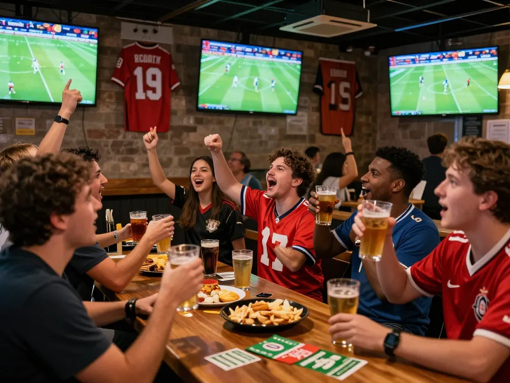 Watch live bóng đá euro at a bustling sports bar with excited fans gathered around multiple screens.