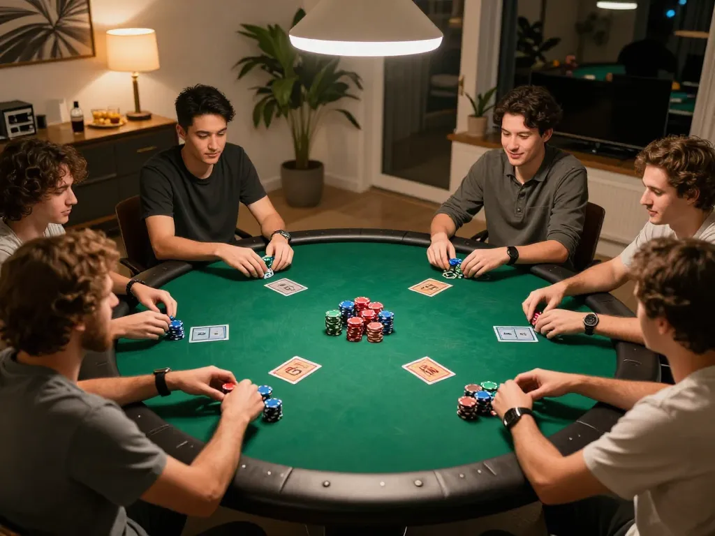 Friends enjoying a lively poker game in a warm home atmosphere at lv88 casino.