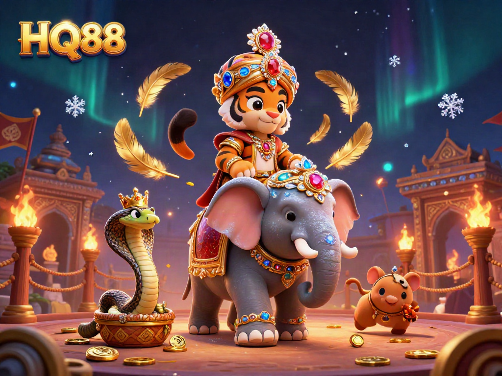 Experience the excitement of HQ88 online casino with a vibrant 3D illustration showcasing a majestic maharaja, elephant, and cobra.