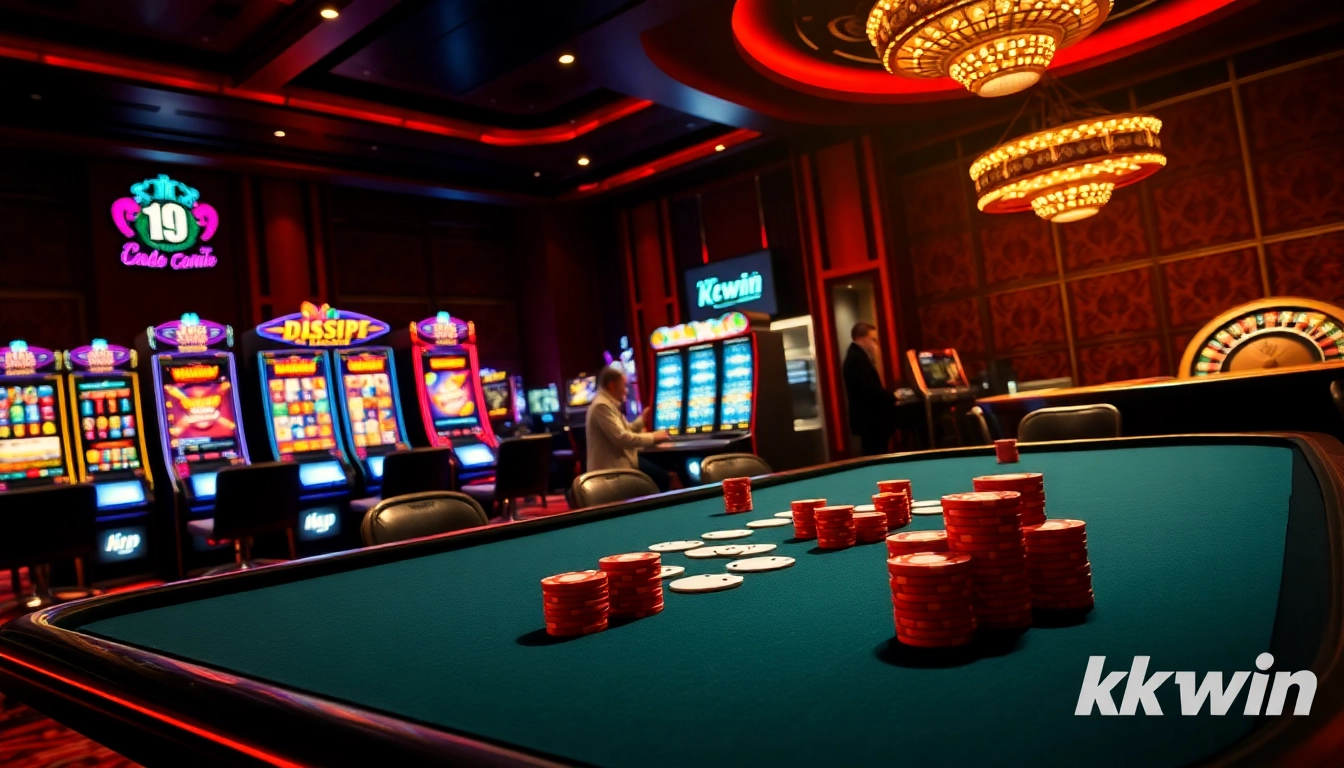 Experience thrilling kkwin online gambling action with luxurious casino tables and vibrant slot machines.