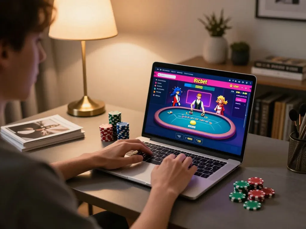Engaged player using Ricbet for exciting online casino gaming sessions, showcasing strategy with a cozy gaming setup