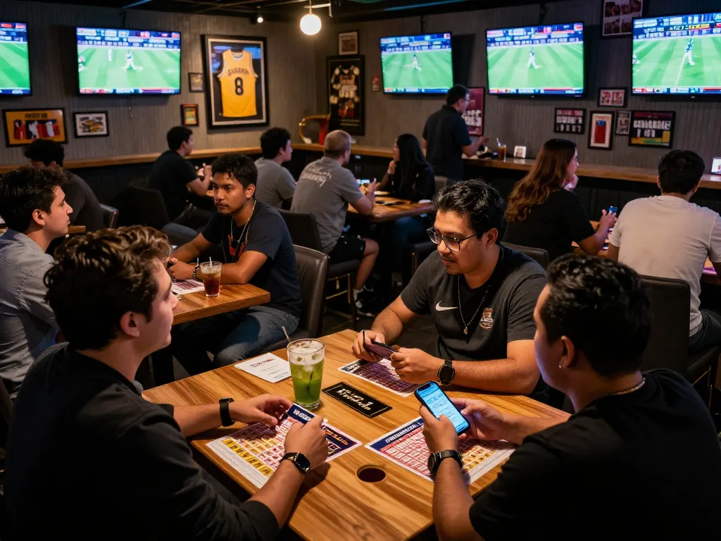 Tỷ lệ kèo nhà cái hôm nay highlighted as patrons place bets in an energetic sports betting lounge