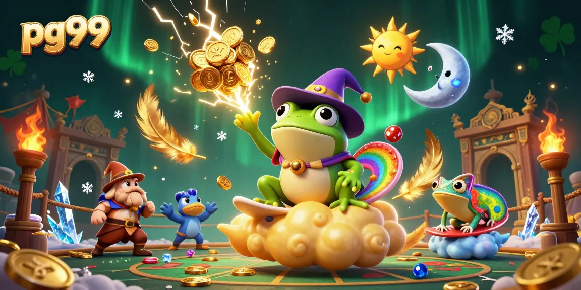 Experience the thrill of pg99 with the wizard frog and chameleon amidst golden coins and atmospheric casino effects.