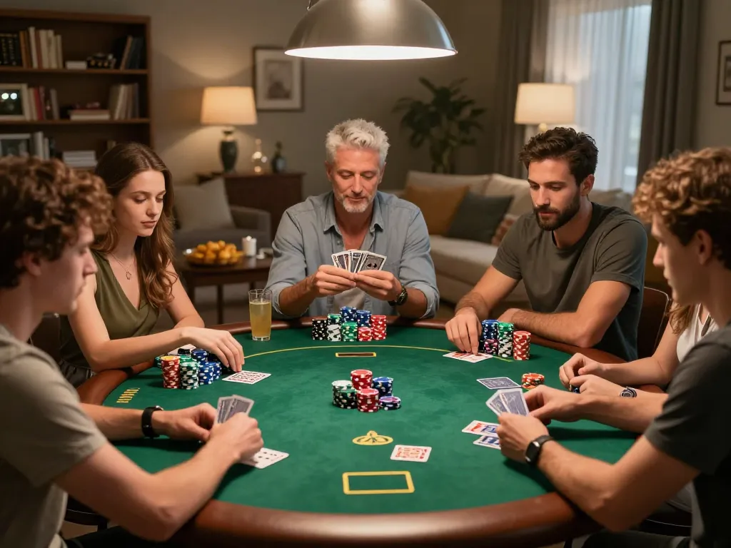 Friends enjoying a social poker night at home, strategizing in an engaging game with 78WIN.