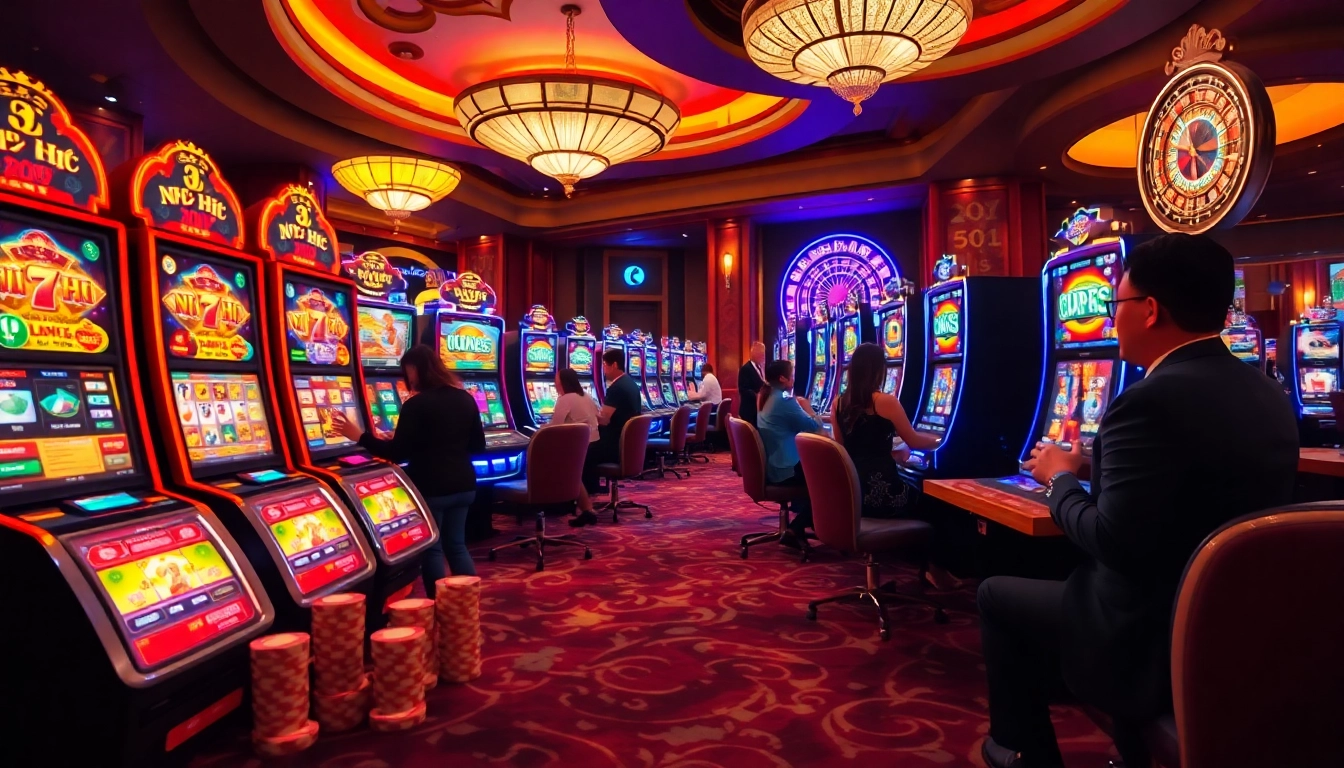 Players engaging with nổ hũ slot machines in an exciting casino atmosphere.