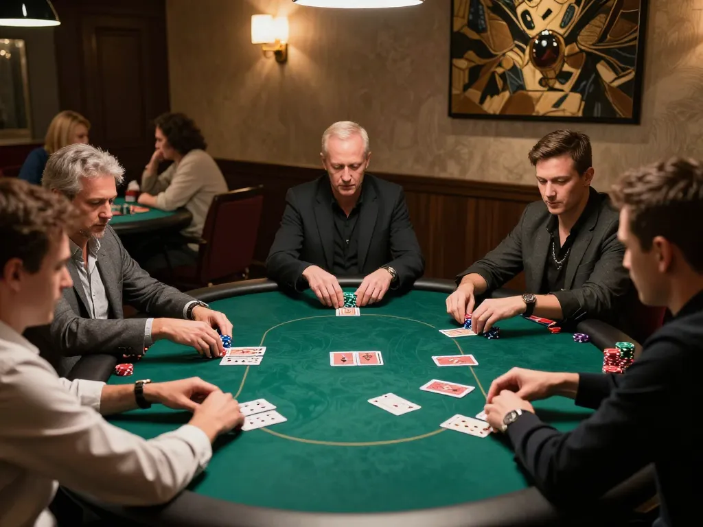 MANCLUB players engaging in an intense poker match, showcasing strategic gameplay and vibrant atmosphere.