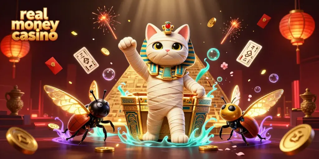 Experience thrilling adventures in a vibrant real money casino with animated characters and exciting game elements.