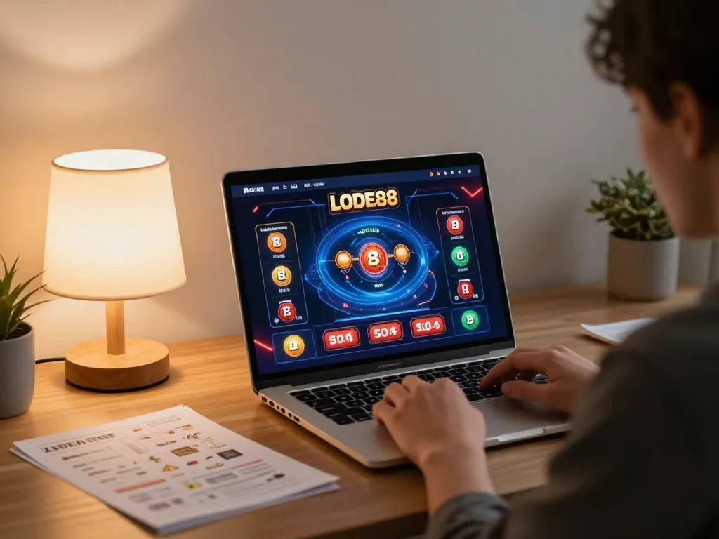 Engaging LODE88 online gaming scene with a cozy home setup and strategic notes.