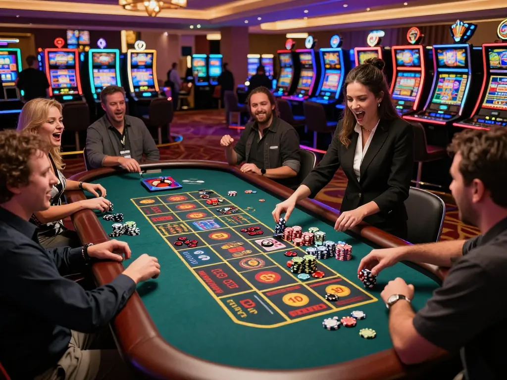 Experience thrilling bets at 789Win's lively casino floor with roulette and cheering players.