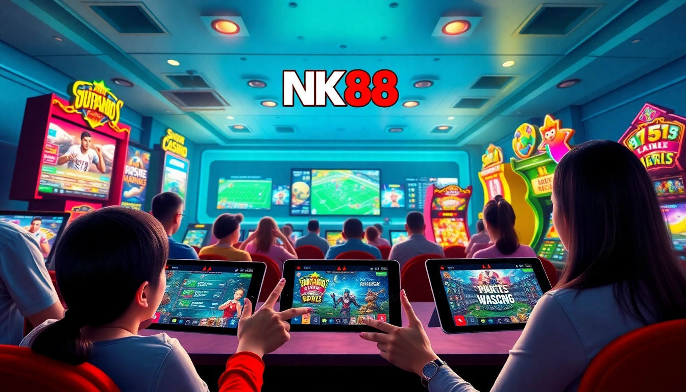 Engaged players enjoying various games on NK88, showcasing dynamic gameplay and modern devices.