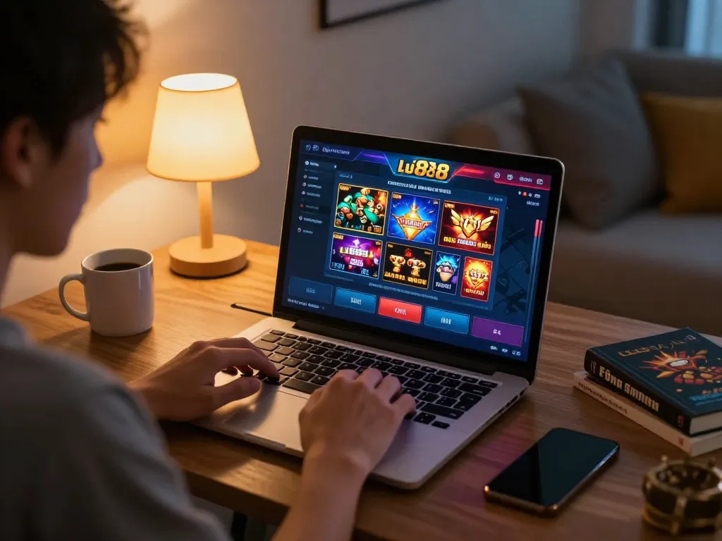 Cổng game lu88 displayed on a laptop during an engaging online gaming session at home.
