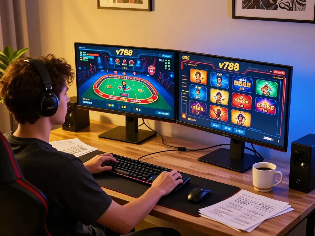 Engaging in online gaming at v788 with multiple screens showcasing casino excitement.