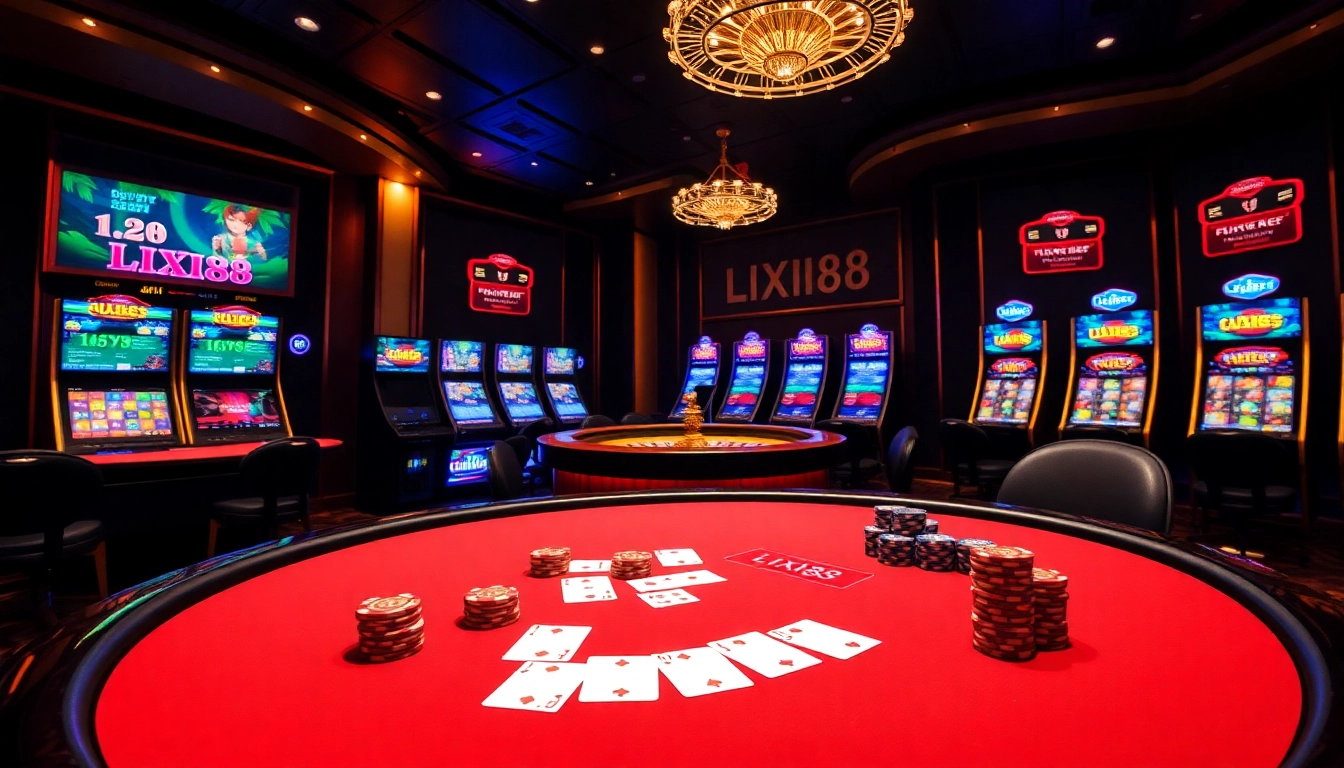 Experience thrilling LIXI88 gameplay with vibrant casino tables and glowing slot machines.