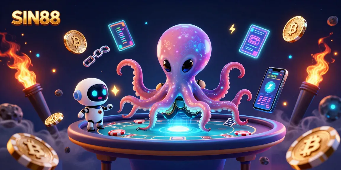 SIN88 showcases an alien octopus at a holographic poker table, surrounded by vibrant cryptocurrency elements.
