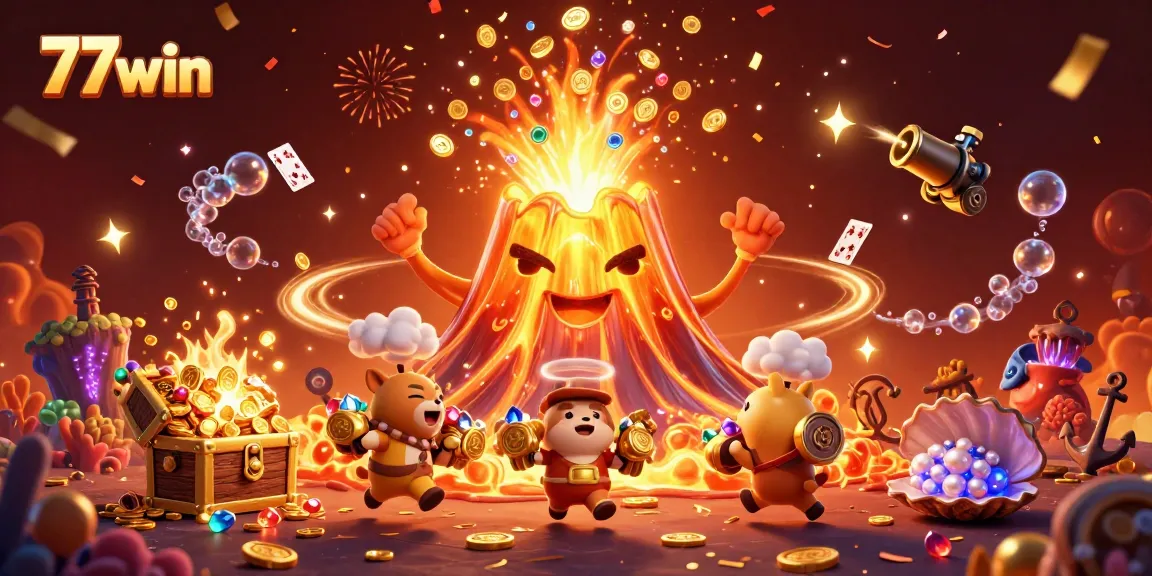 Experience the thrill of 77win with a golden volcano erupting coins, enhancing your gaming adventures.