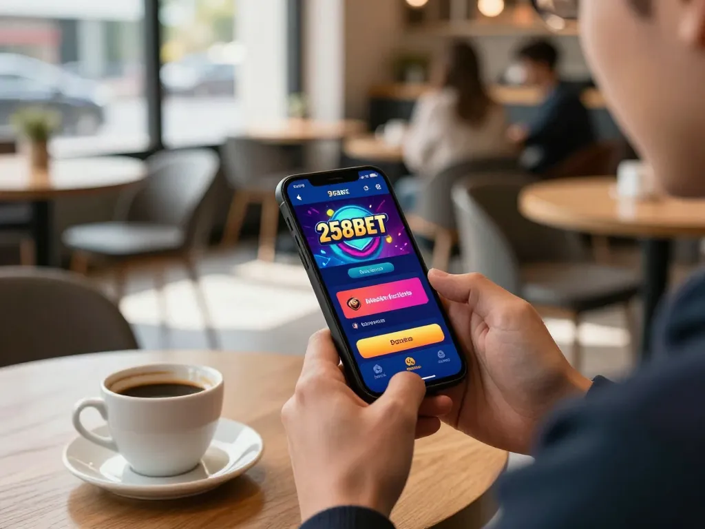 Engaging in mobile gameplay, using 258bet download app with vibrant graphics at cozy café setting.
