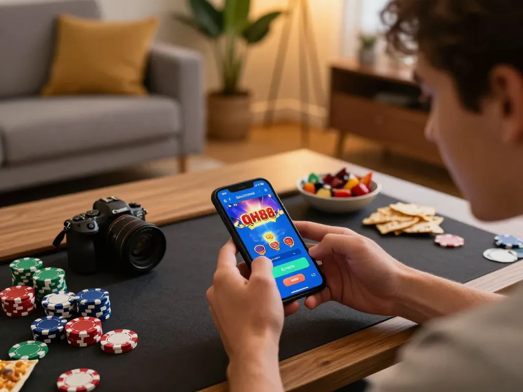 Engaging gaming session on qh88go app with smartphone and poker chips in a cozy setting