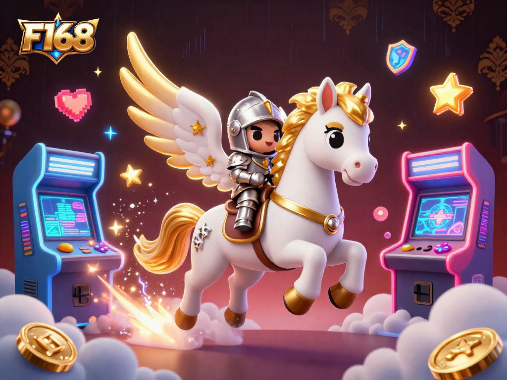 Experience exciting gameplay at F168 with an enchanting scene featuring a celestial horse and gaming elements.