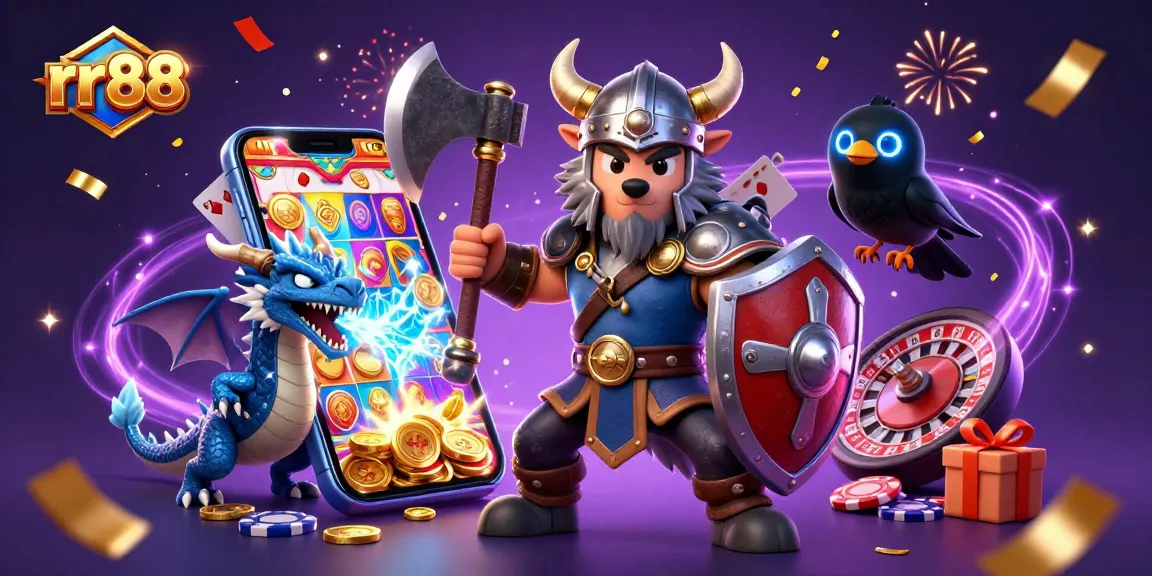 Spin winning reels on rr88 with a Viking wolf warrior and dragon in an epic 3D casino scene.