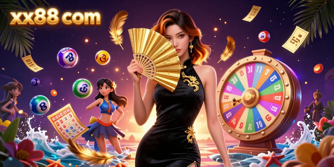 Experience the thrill of xx88 com with a stunning casino scene featuring vibrant lottery elements and glamorous aesthetics.