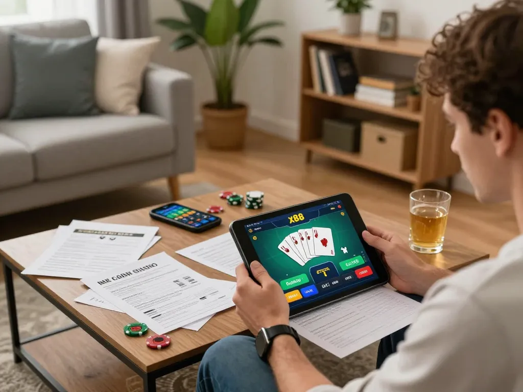 Player engaging with the x88 casino app on a tablet in a cozy home setting, highlighting responsible gambling.