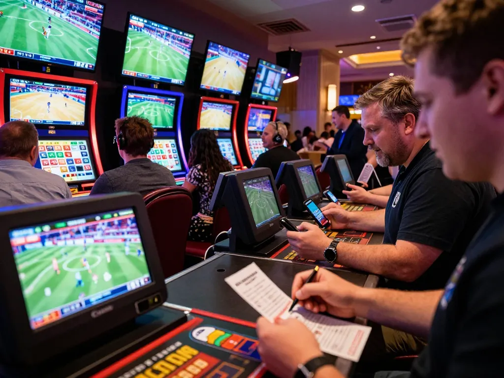 Usbet players engaging in sports betting at a lively casino, capturing excitement and strategic play.
