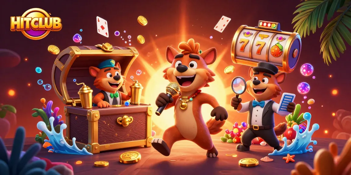 HITCLUB showcases gamblers enjoying games under vibrant casino elements with hyenas in a energetic scene.