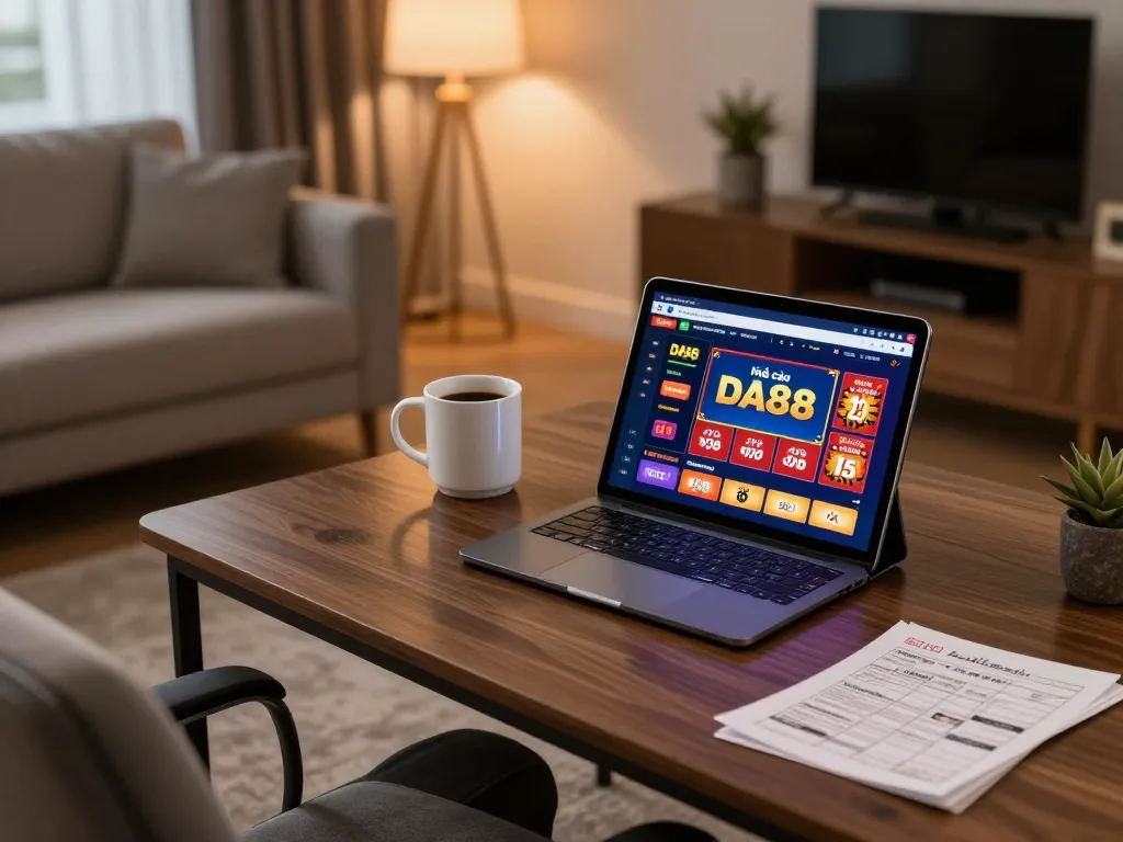 Engaging online gaming experience with nhà cái DA88 on a tablet in a cozy home setting.