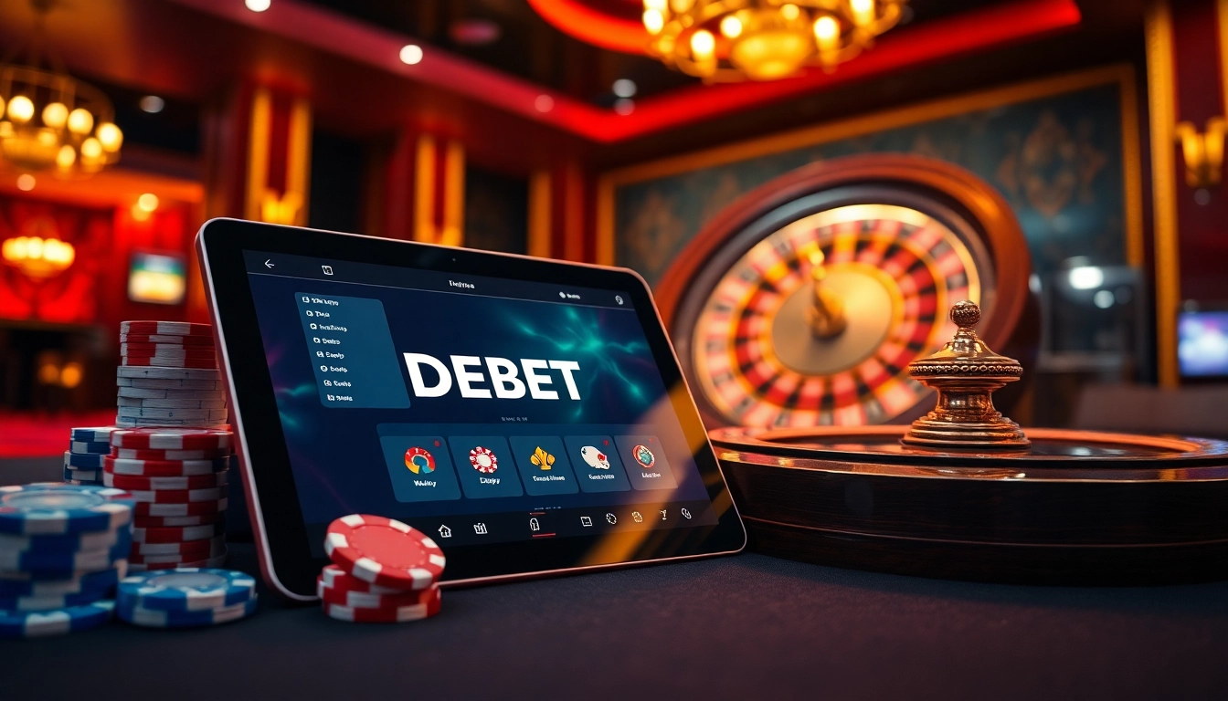 Players enjoy gambling with DEBET's interactive gaming features at a luxurious casino.