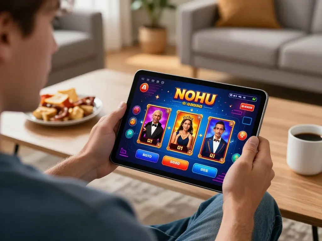 Engaging player utilizing the NOHU app for strategic online gaming with colorful graphics.