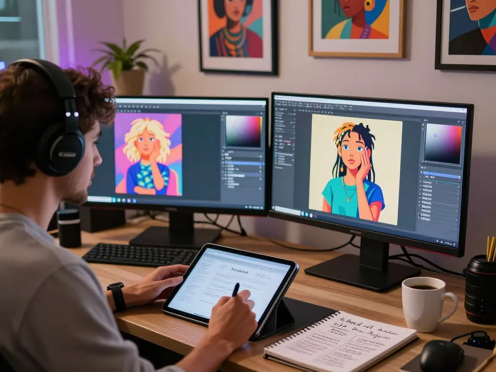 Artistic workspace with AI porn generation tools showcasing creativity and technology