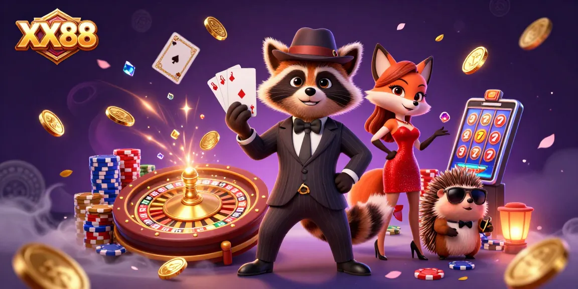 Experience thrilling gameplay at XX88 with a suave raccoon, a charming fox, and a hedgehog bouncer!