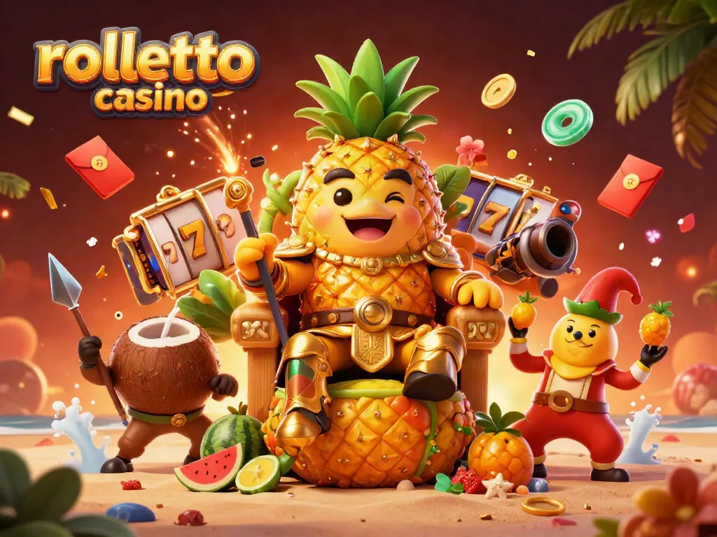 Experience the rolletto casino excitement with a vibrant 3D tropical gaming scene featuring golden symbols and fun characters.