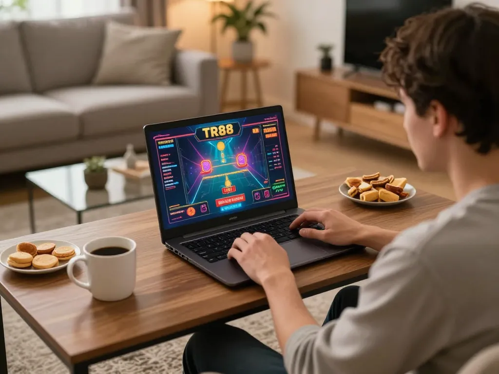 Person engaged in TR88 online casino gaming from a cozy home setup with ambient lighting.