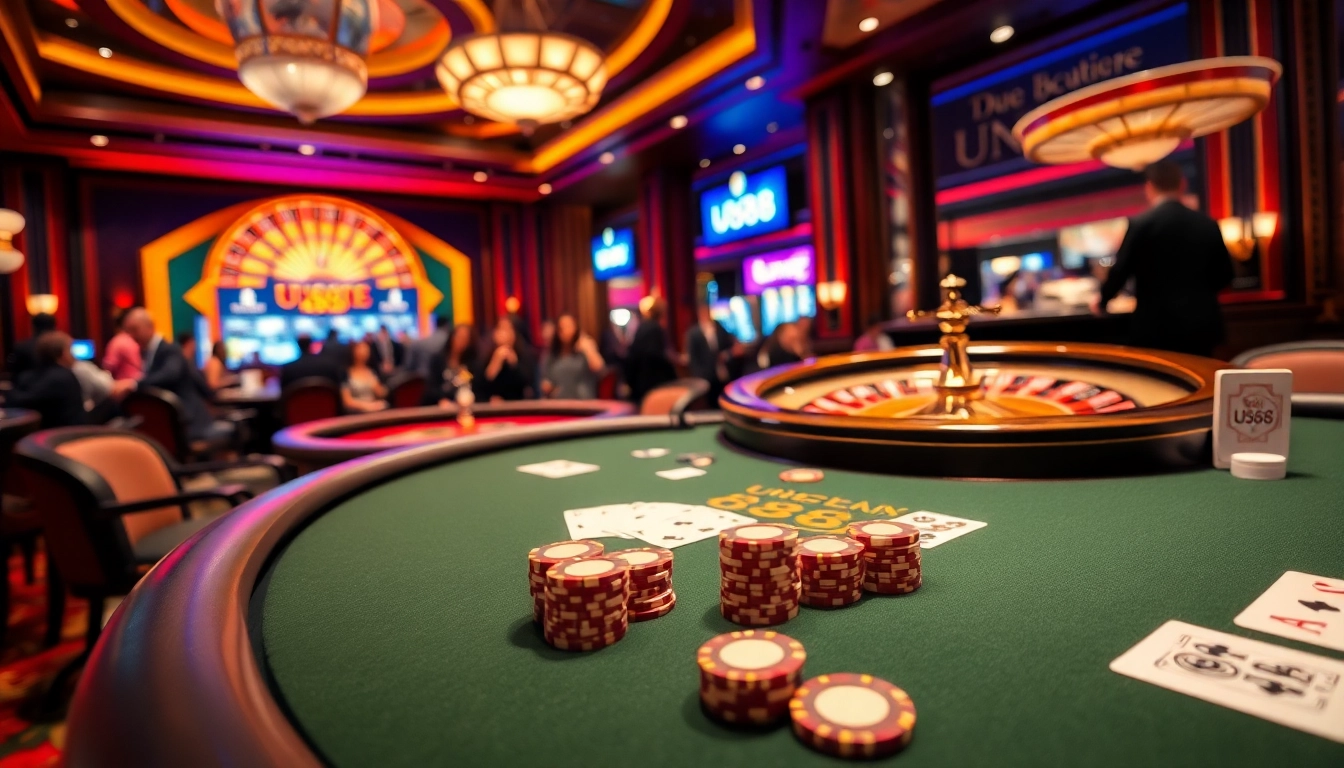 U888 gaming scene showcasing poker chips and a roulette wheel in a vibrant casino setting.
