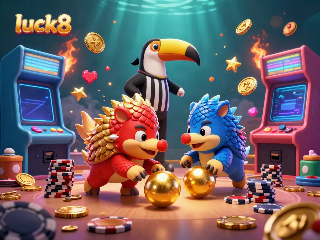 Engaging 3D casino illustration featuring luck8 with pangolins playing at a poker-themed arcade.