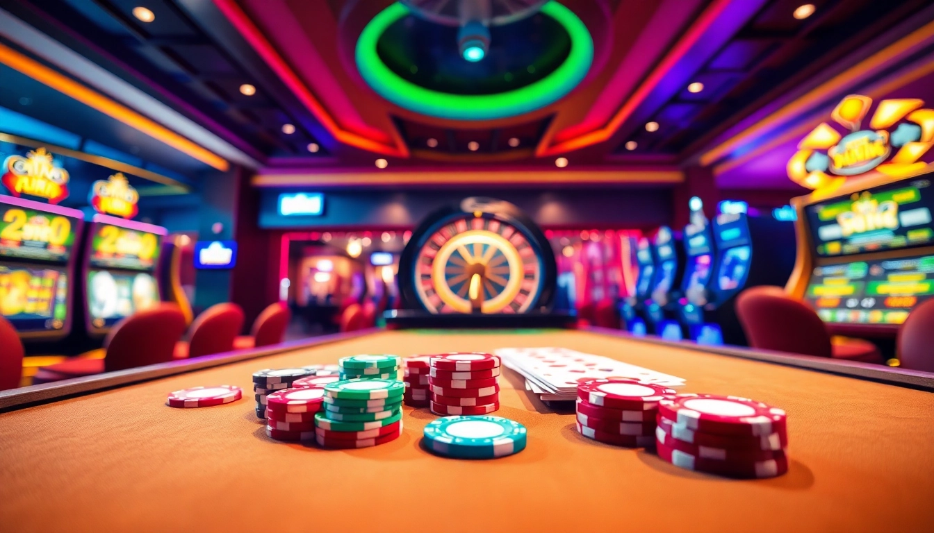 The exhilarating energy of nhà cái F168 casino with vibrant tables and colorful poker chips.