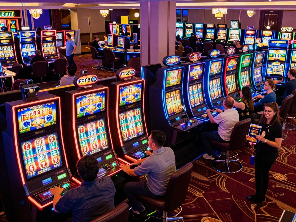 Players enjoy exhilarating slot games at FC88 casino with dynamic neon lights and vibrant atmosphere.