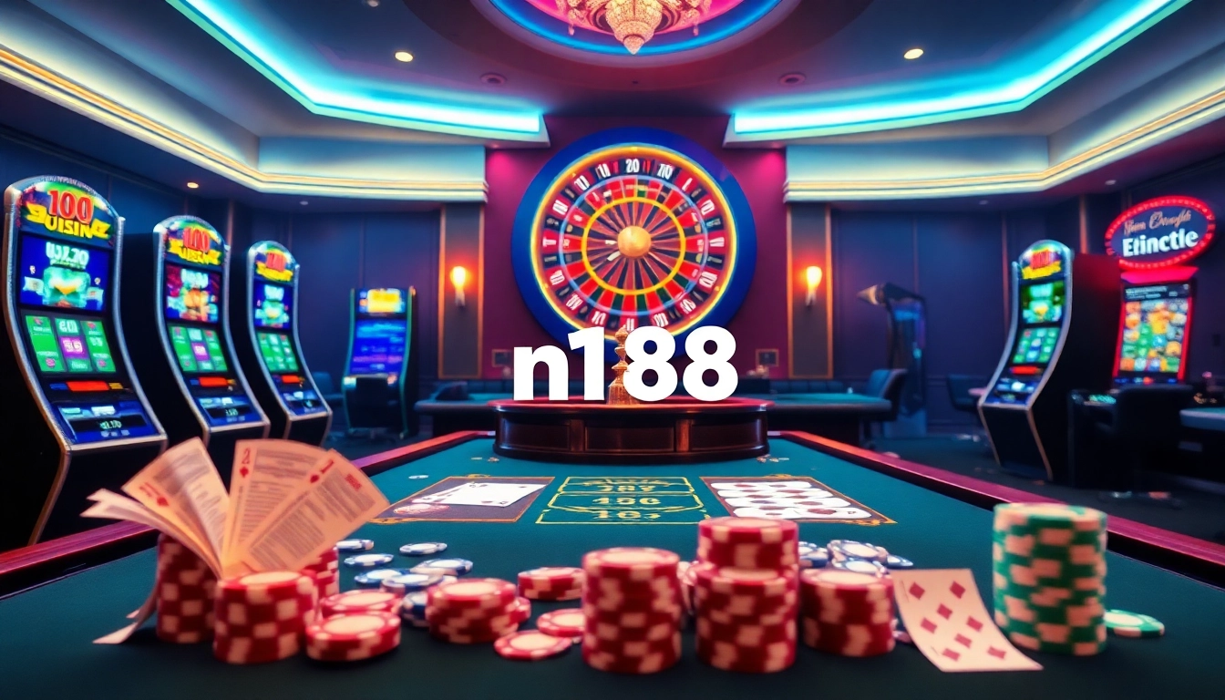 Experience thrilling gameplay at n188's vibrant casino, featuring excitement with poker chips and roulette.