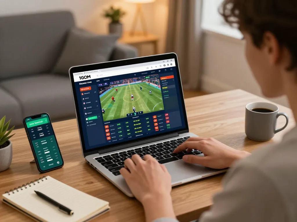 Engaging in sports betting on 1GOM website from a cozy home office setup, showcasing an immersive gaming experience.