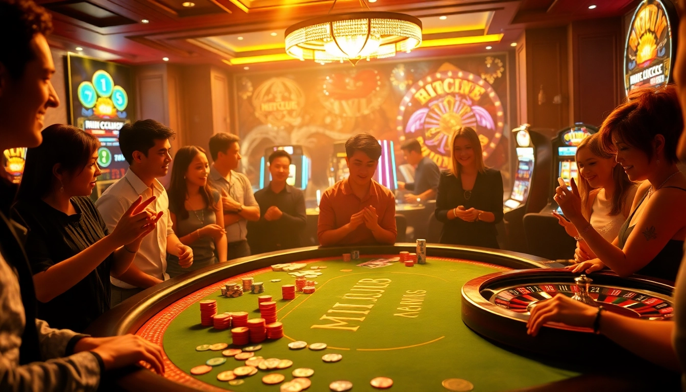 HITCLUB poker table full of players enjoying high-stakes games in a luxurious casino atmosphere.