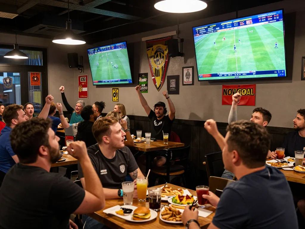 Fans engaged with NOWGOAL live scores in a sports bar during a football match