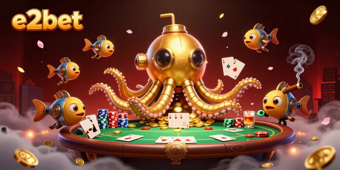e2bet immersive poker scene featuring a golden kraken and mechanical fish amidst poker chips and cards