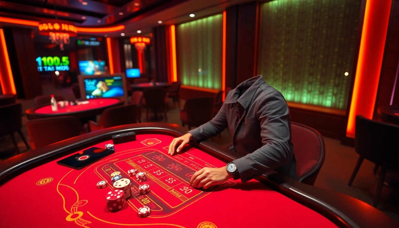 Tài xỉu MD5 player engaging strategically at a casino table, showcasing chips and dice.