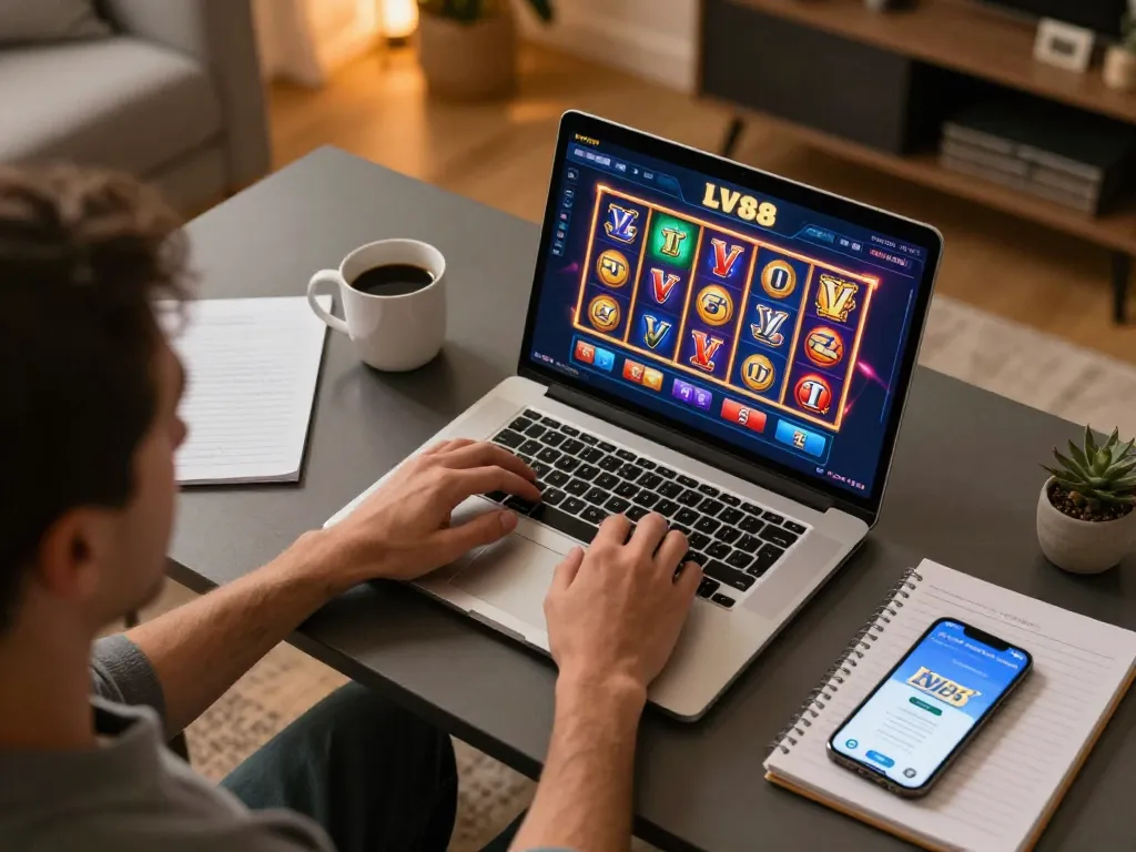 Play on the LV88 platform while enjoying vibrant slot games on a laptop with a coffee nearby.