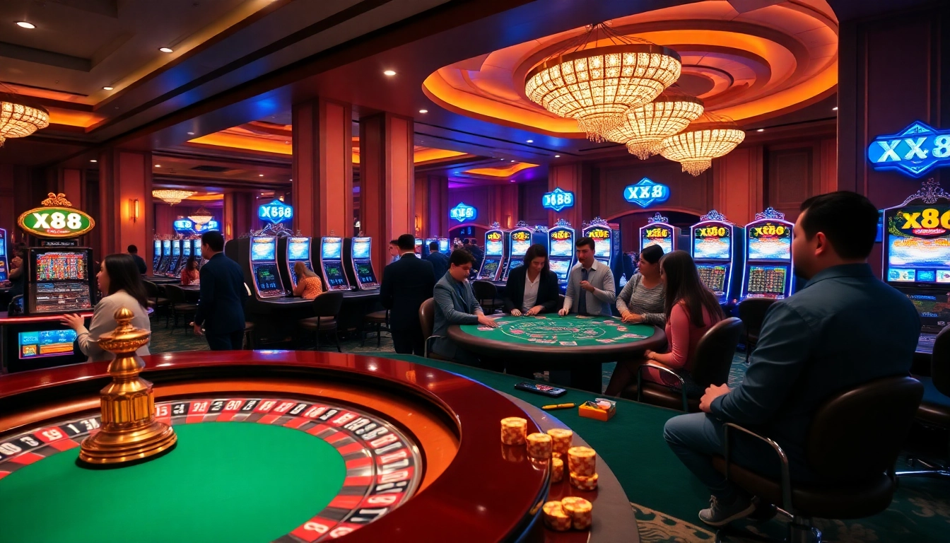 Experience the excitement at XX88 casino with players at poker tables and vibrant slot machines.