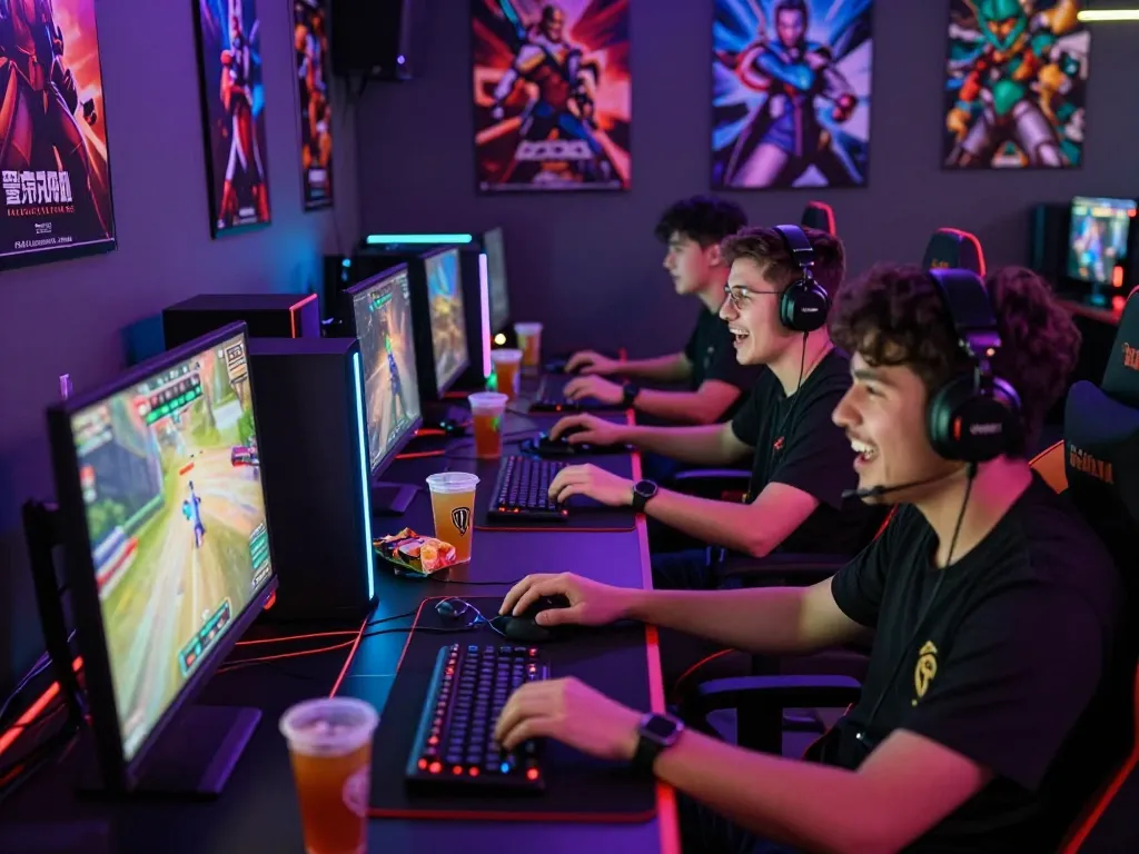 MM88 gaming enthusiasts playing in an immersive online environment, showcasing dynamic setups with excitement and focus.